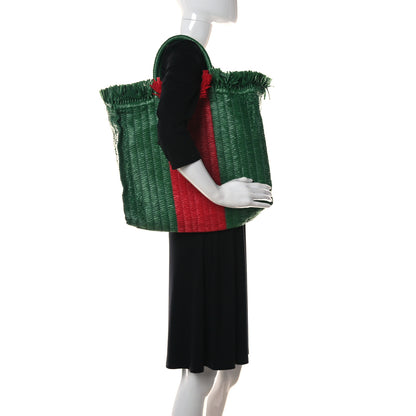 Gucci Raffia Linen Web Cestino Tote Bag Red Green 2 of 5