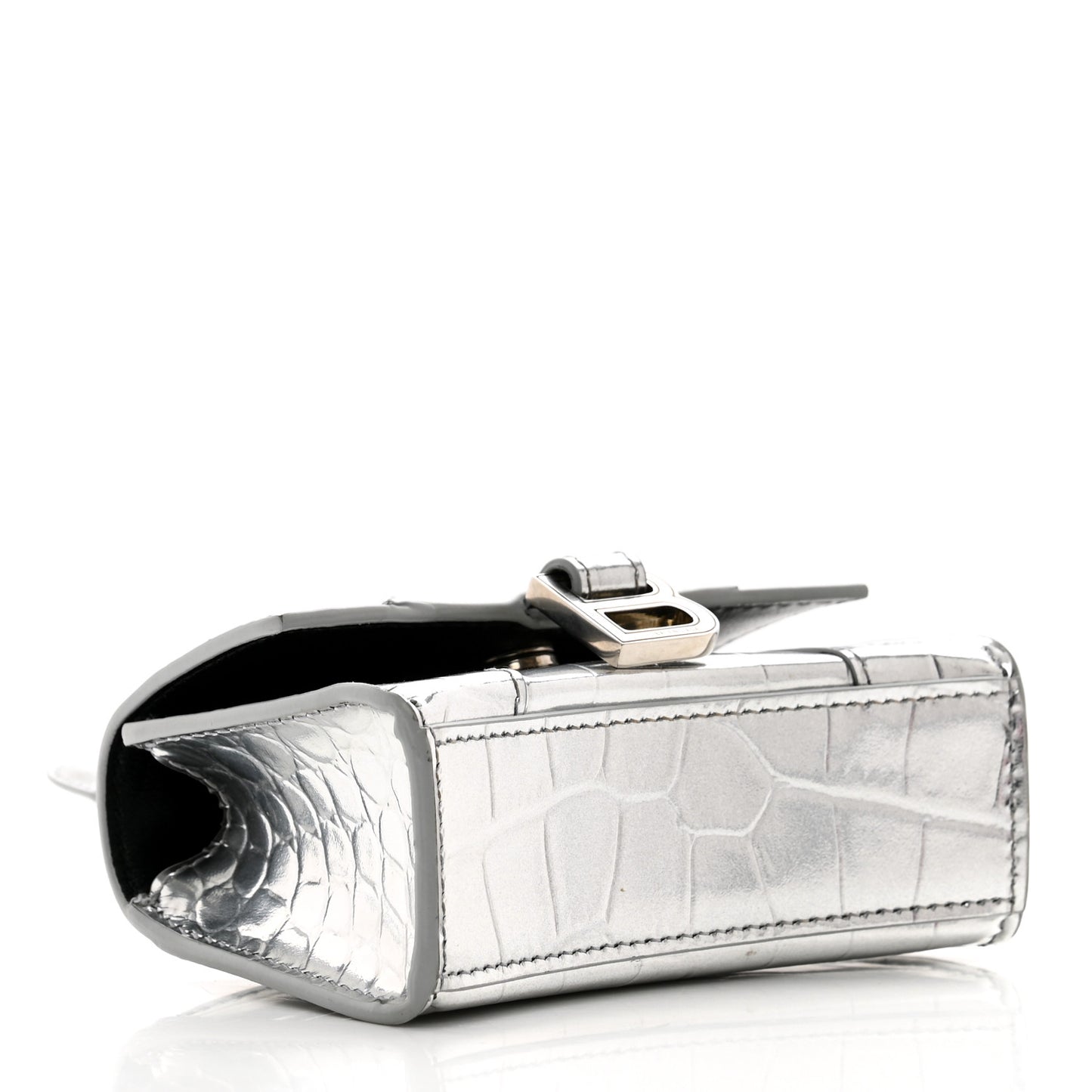 Metallic Calfskin Crocodile Embossed Hourglass Top Handle Bag Mini with Chain Silver