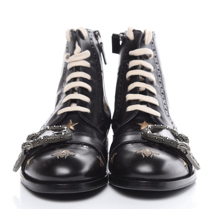 Gucci Calfskin Bee Star Embroidered Mens Queercore Brogue Wingtip Boots 7.5 Black 2 of 10