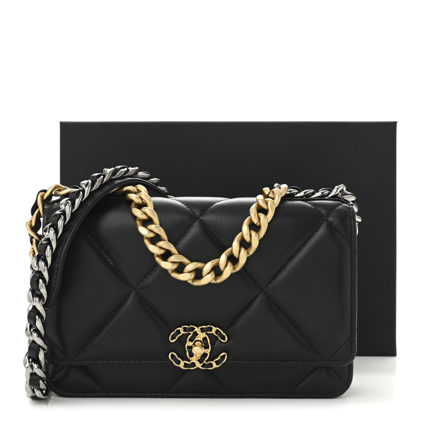Lambskin Quilted Chanel 19 Wallet On Chain WOC Black