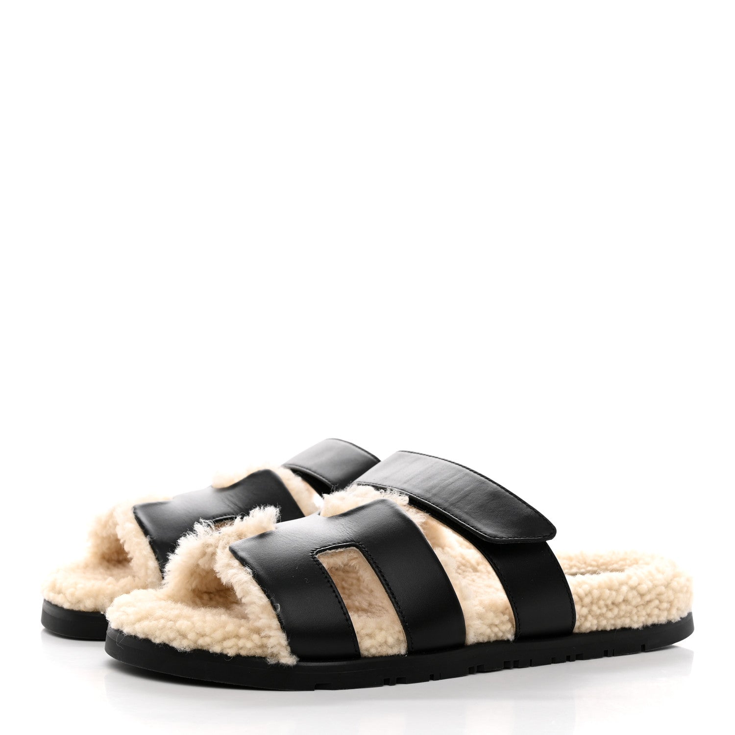 Hermes Calfskin Woolskin Womens Chypre Sandals 39 Black Ecru 3 of 10
