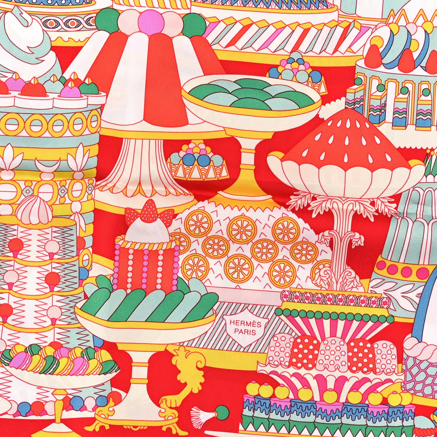 Silk La Patisserie Francaise Scarf 90 Rouge Vif Vert Multicolor