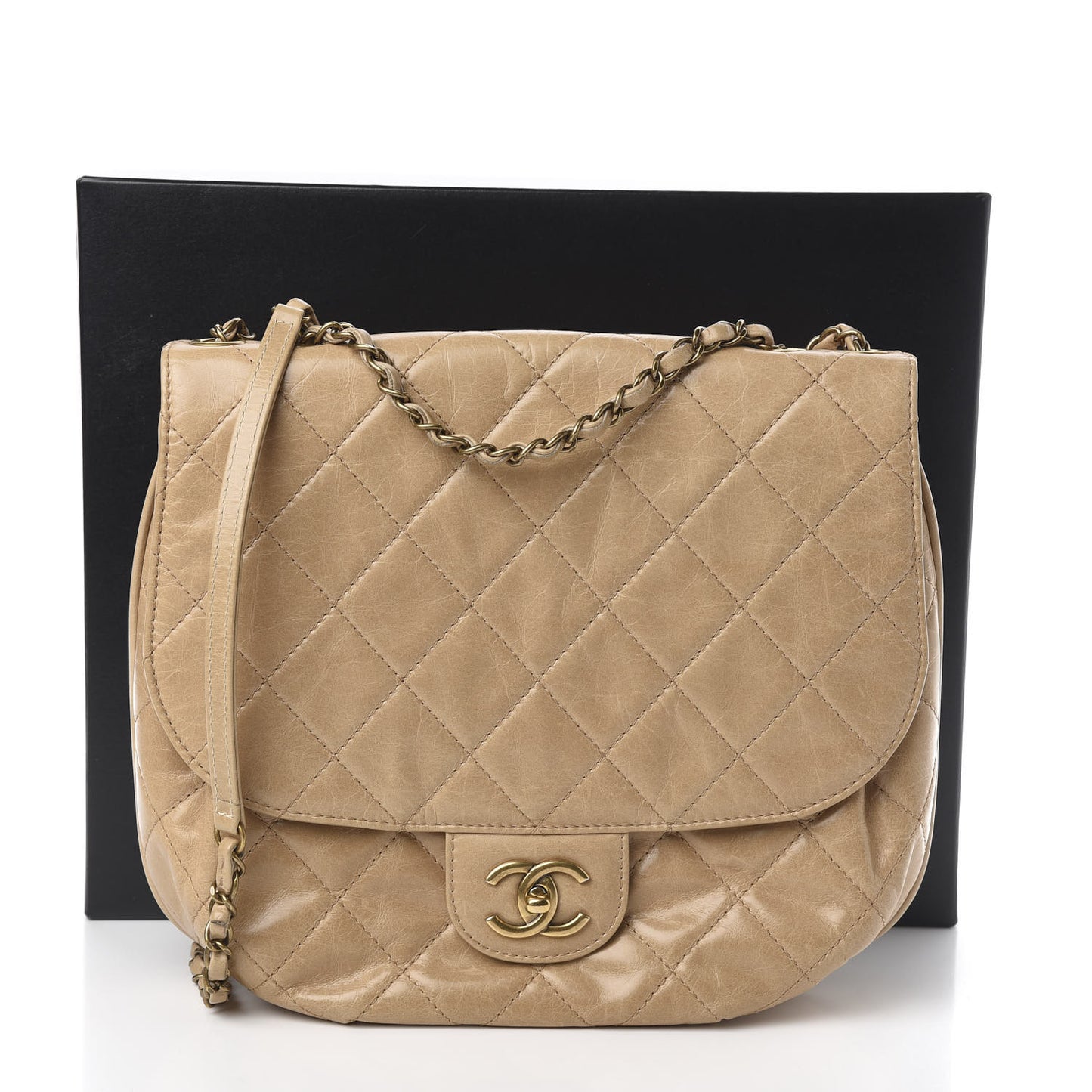 Glazed Calfskin Quilted Medium Bubble CC Flap Beige