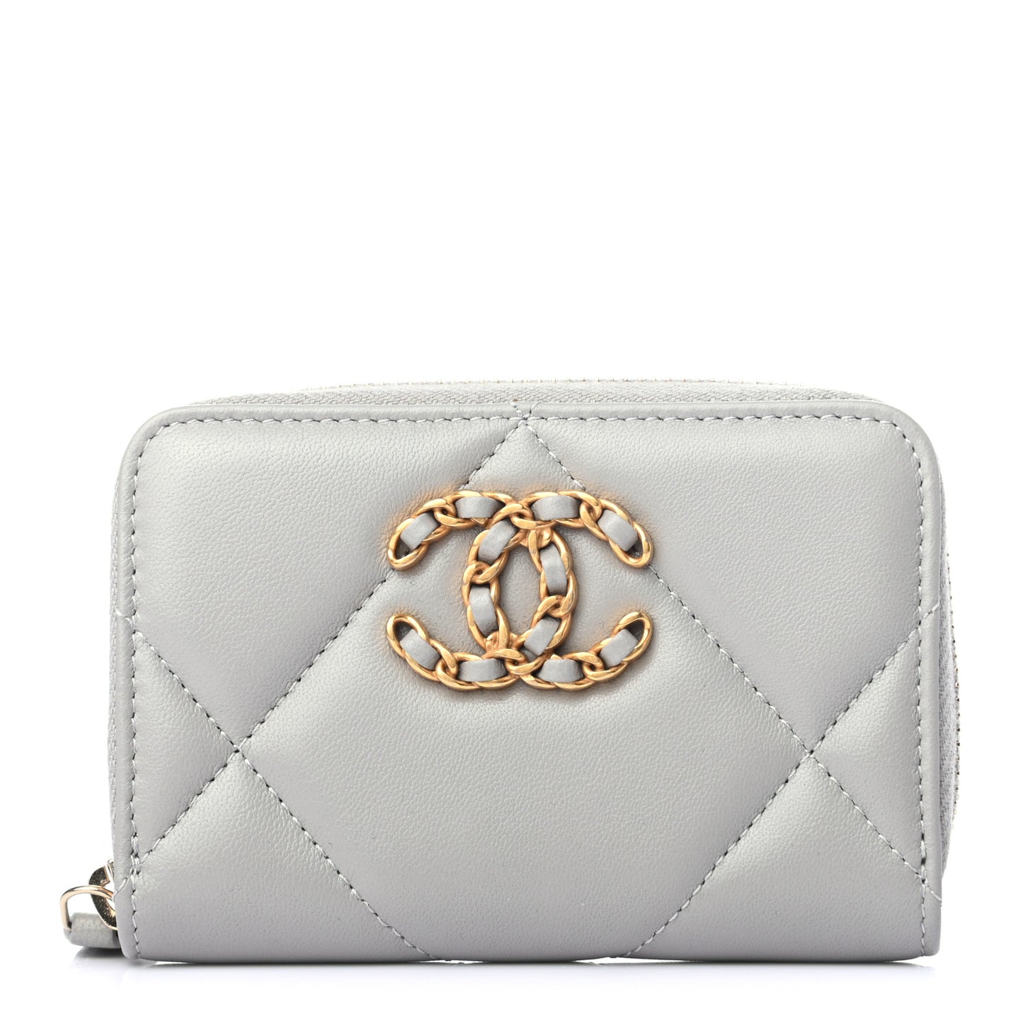 Lambskin Quilted Chanel 19 Zip Around Coin Purse Wallet Grey