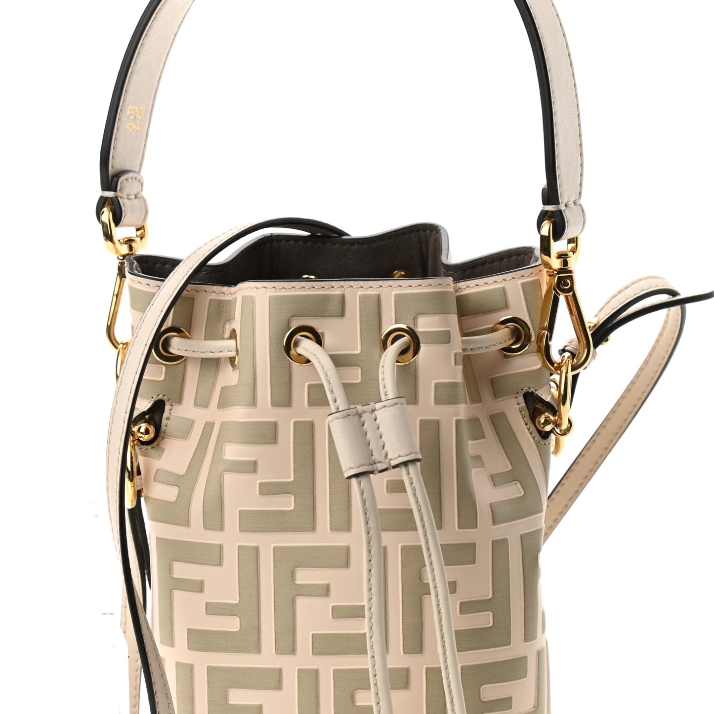 Vitello Liberty F is Fendi Bi-Color FF 1974 Embossed Mini Mon Tresor Bucket Bag Camelia Mandorlo
