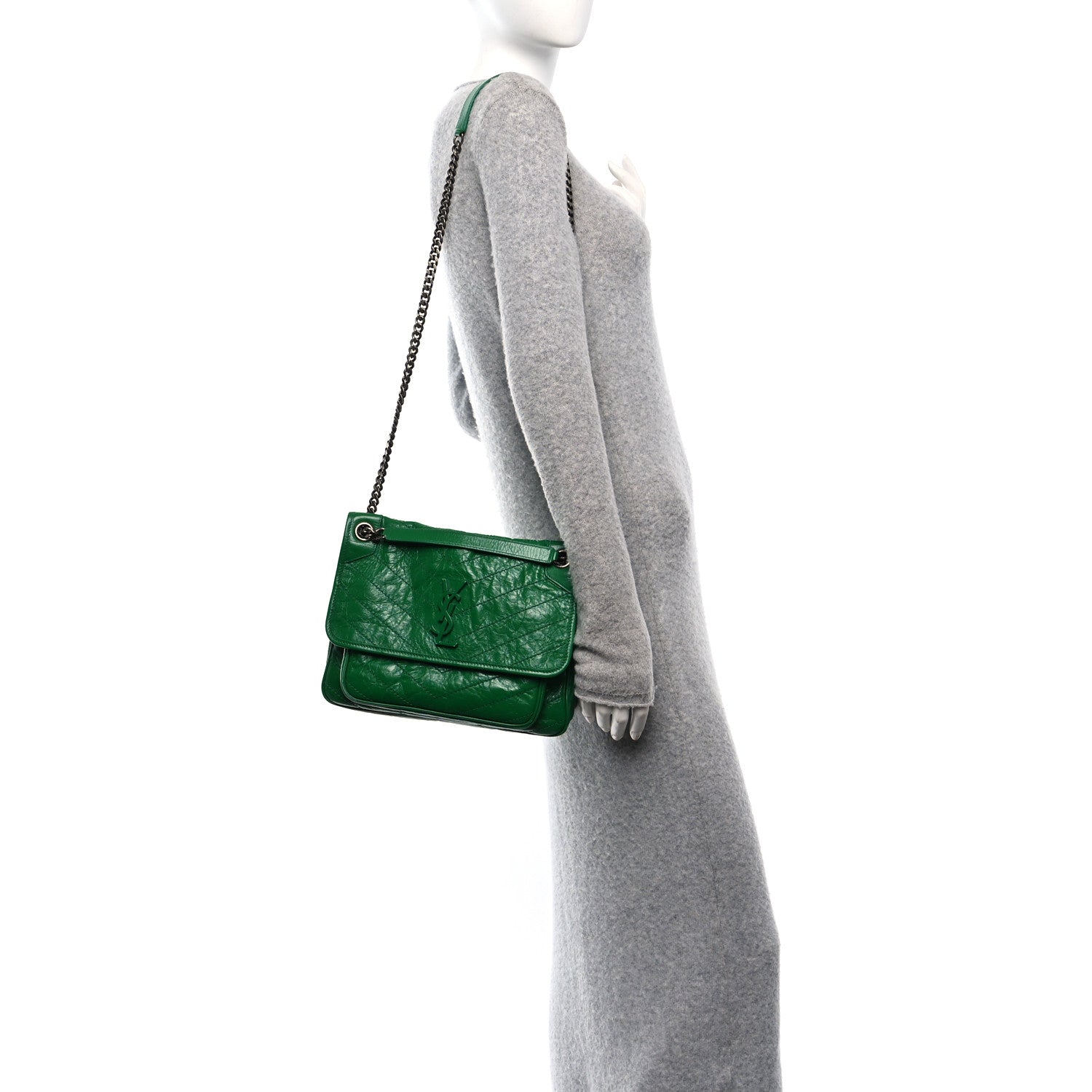 Saint Laurent Crinkled Calfskin Matelasse Monogram Medium Niki Chain Satchel New Vert Praire 2 of 10