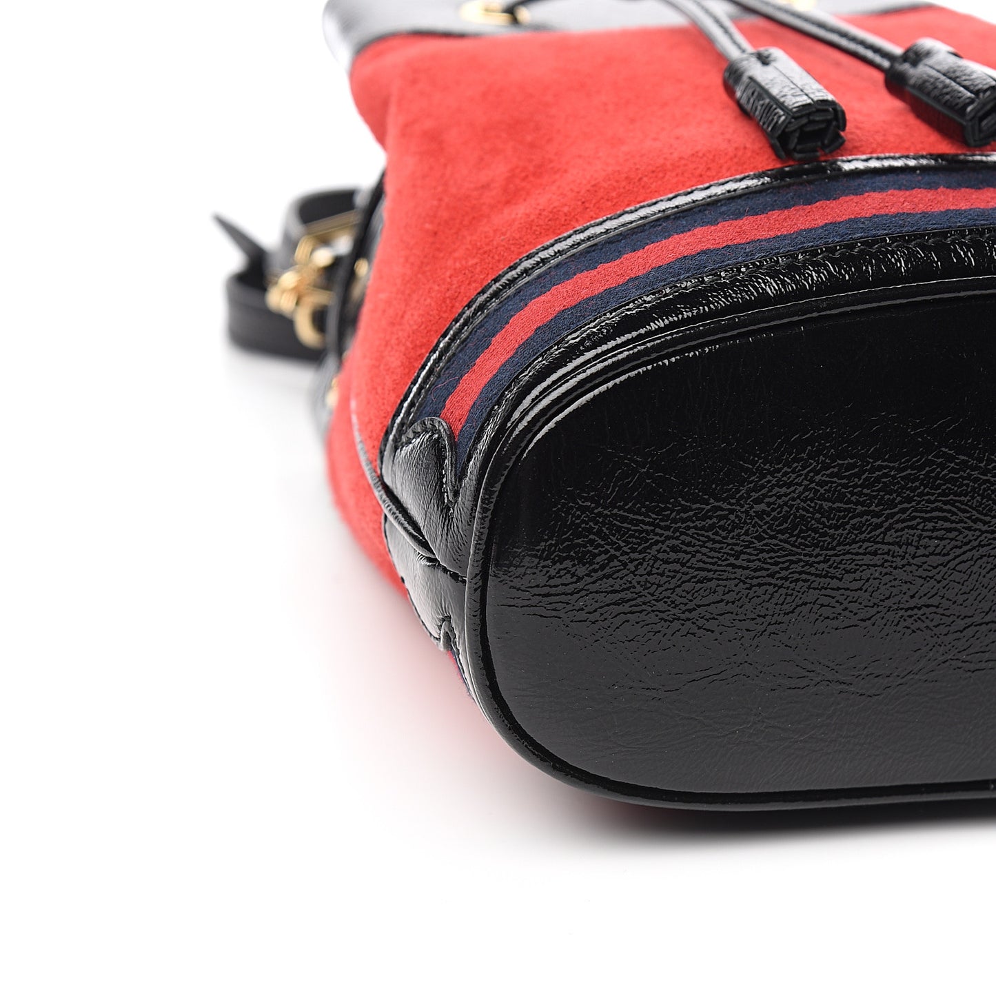 Suede Patent Web Small Ophidia Bucket Bag Hibiscus Red Black