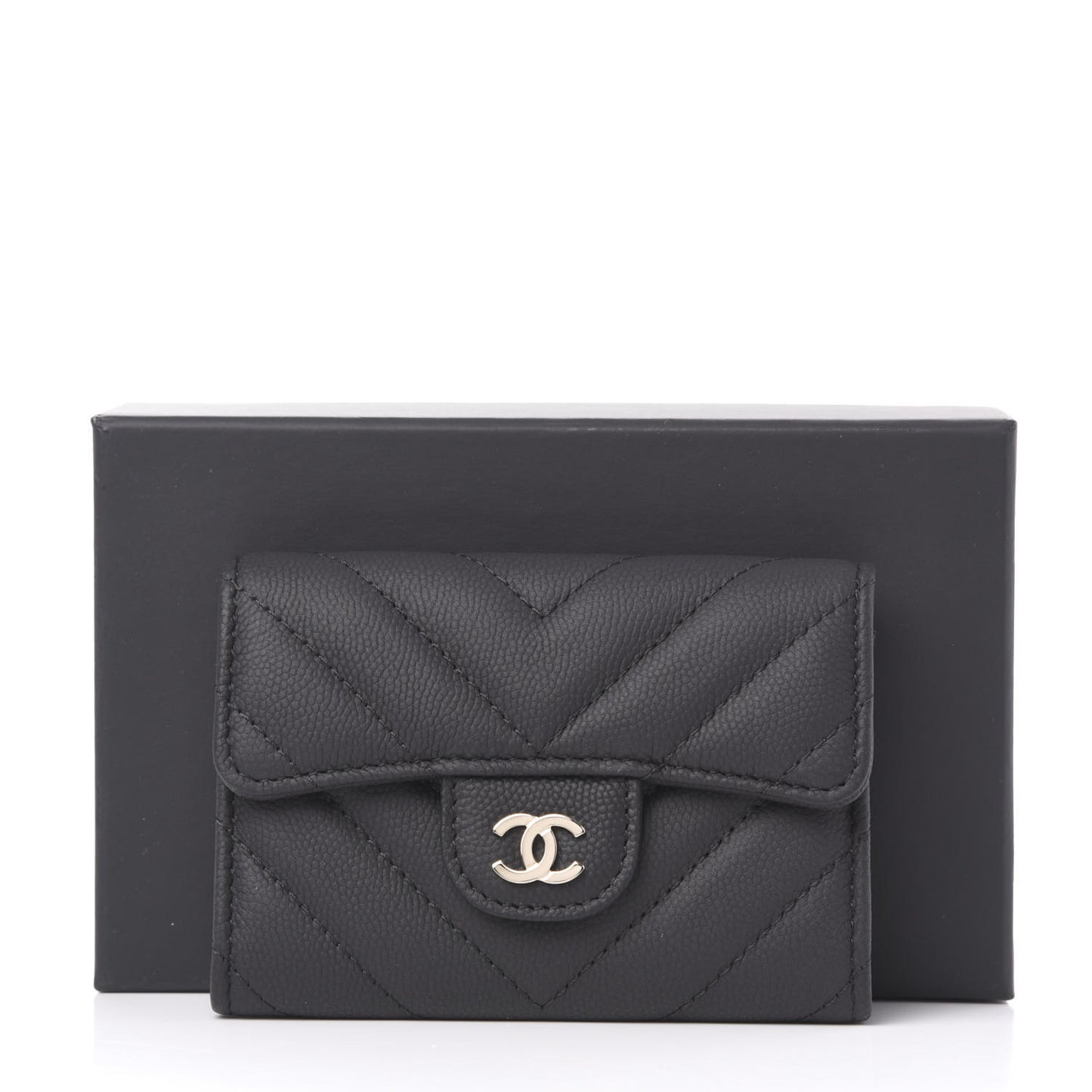 Matte Caviar Chevron Quilted Flap Card Holder Black