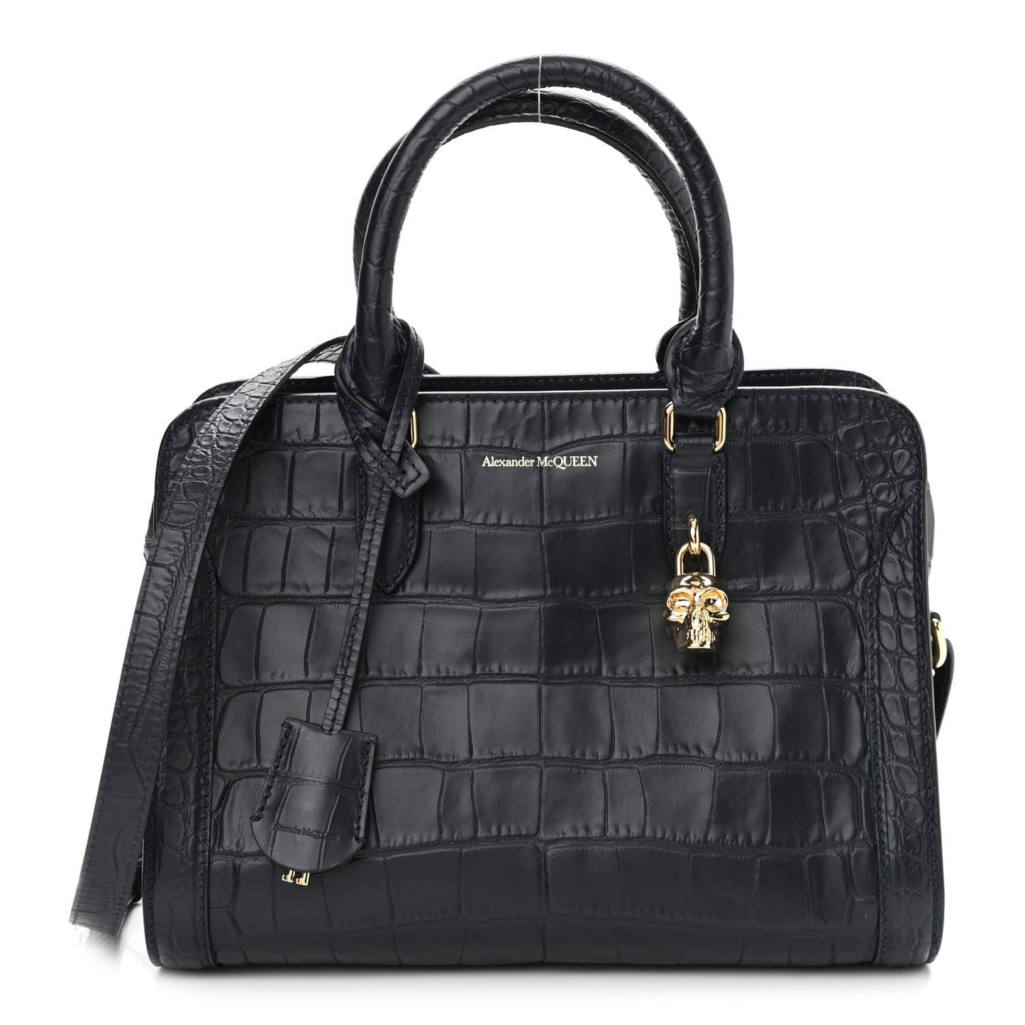 Calfskin Crocodile Embossed Small Skull Padlock Zip Around Tote Navy Blue