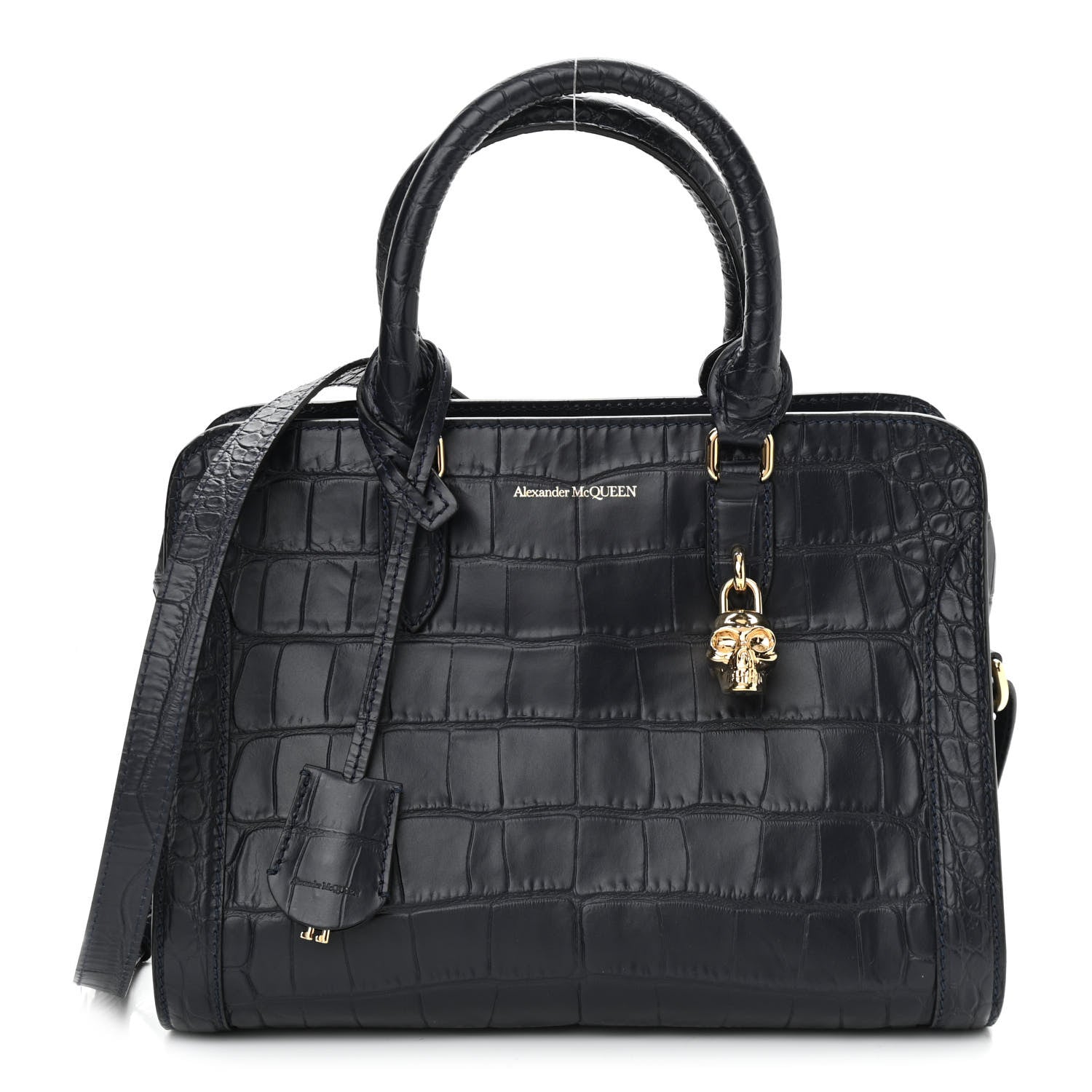 Alexander McQueen Calfskin Crocodile Embossed Small Skull Padlock Zip Around Tote Navy Blue 1 of 12