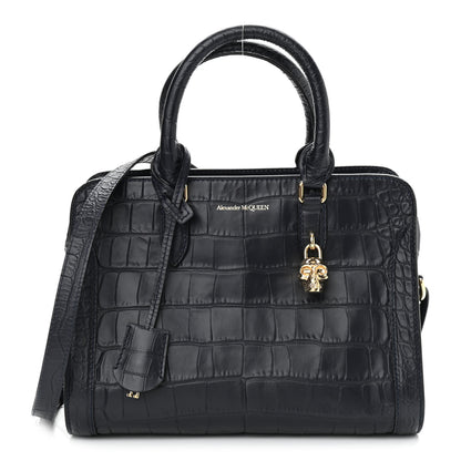 Alexander McQueen Calfskin Crocodile Embossed Small Skull Padlock Zip Around Tote Navy Blue 1 of 12