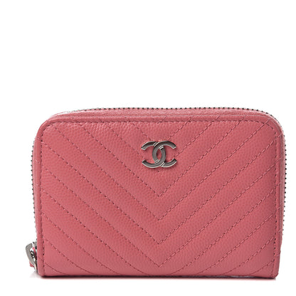 Chanel Caviar Chevron Quilted Zip Around Coin Purse Pink 1 of 6