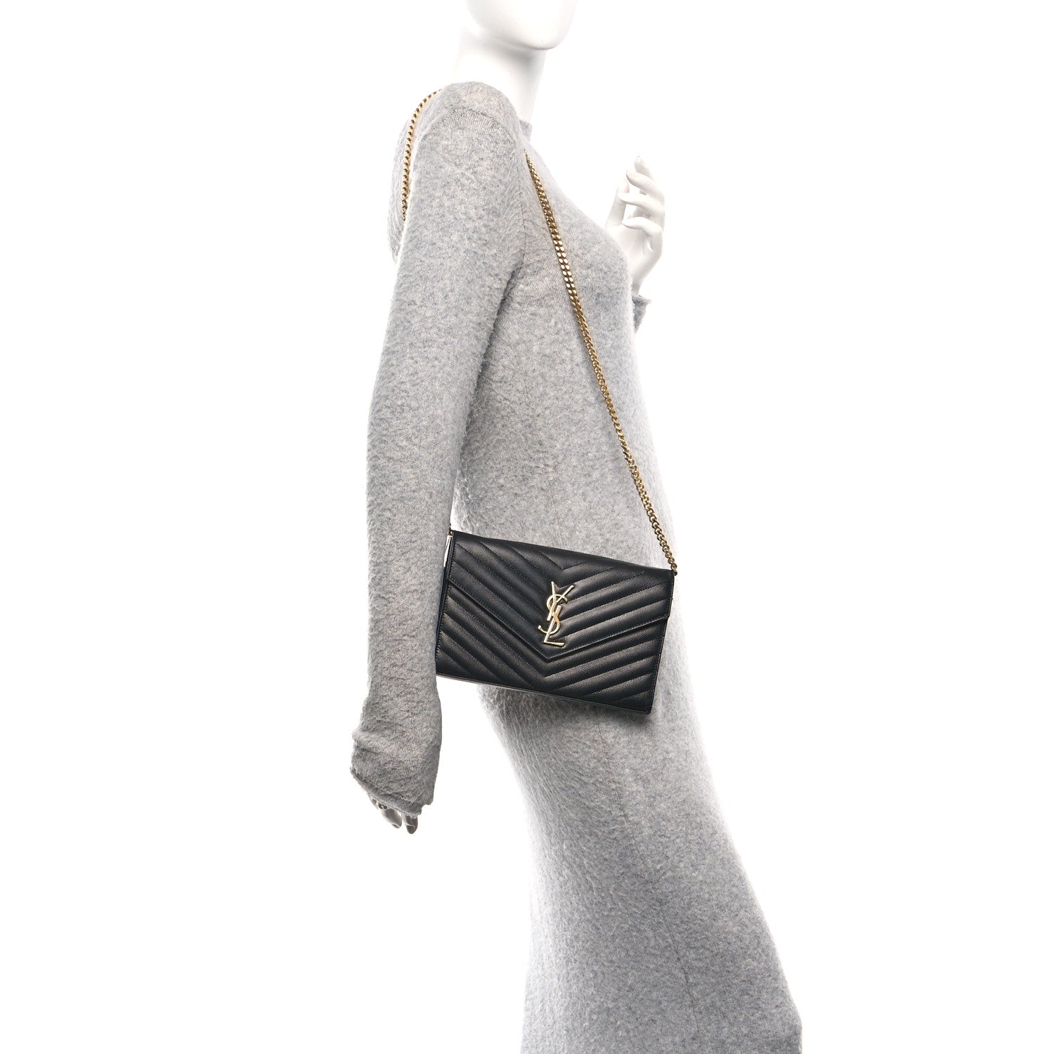 Saint Laurent Grain De Poudre Matelasse Chevron Monogram Chain Wallet Black 2 of 10