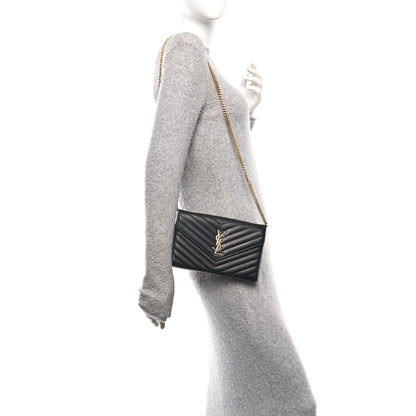 Saint Laurent Grain De Poudre Matelasse Chevron Monogram Chain Wallet Black 2 of 10