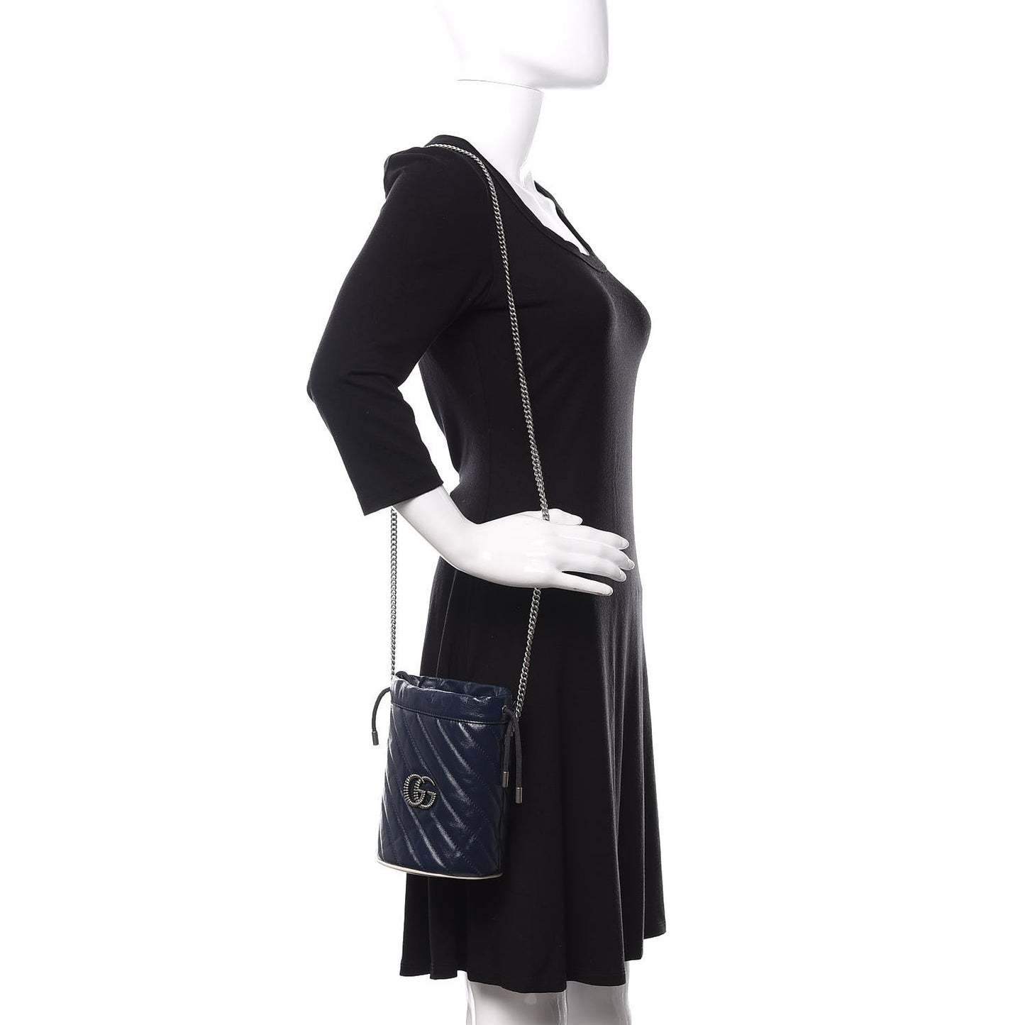 Vintage Effect Calfskin Matelasse Diagonal Mini Torchon GG Marmont 2.0 Bucket Bag Blue Agata Mystic White