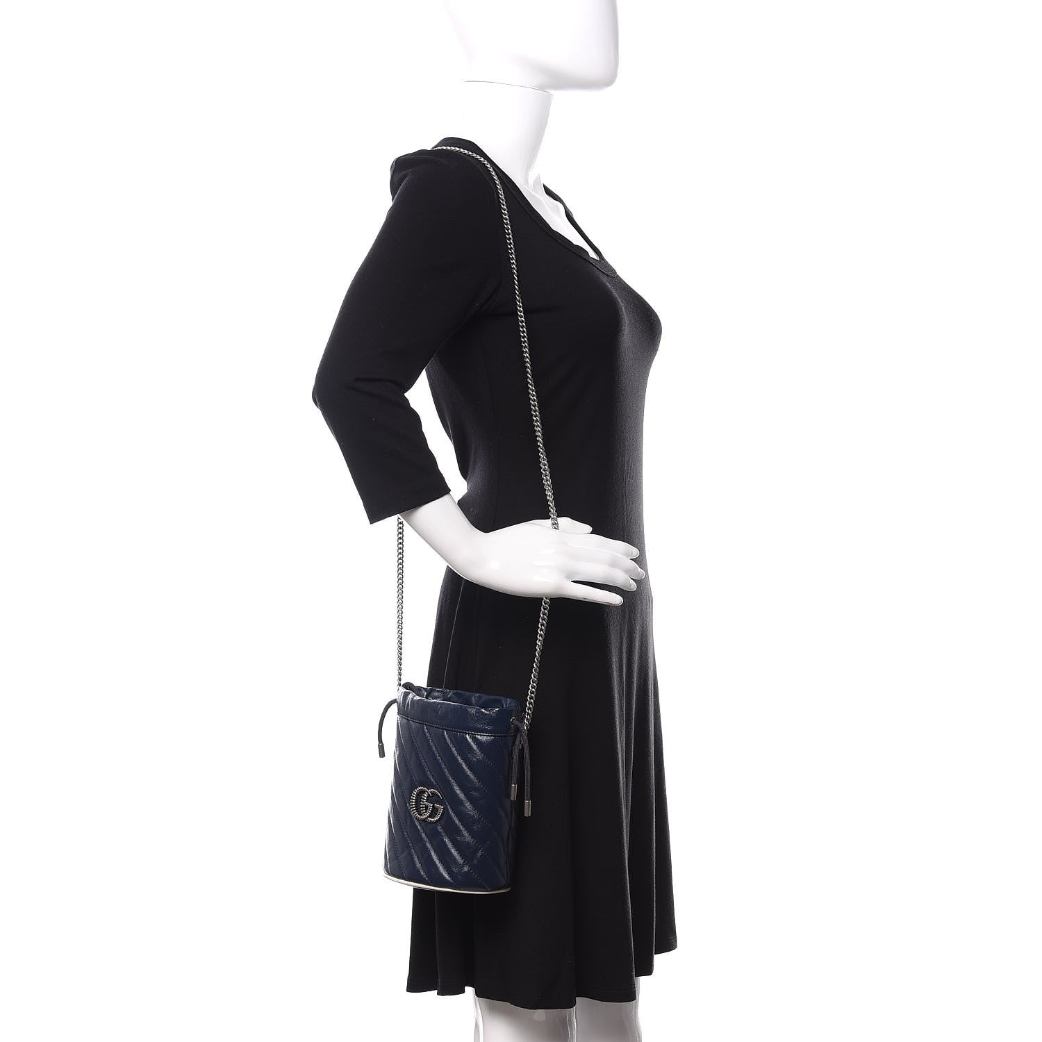 Gucci Vintage Effect Calfskin Matelasse Diagonal Mini Torchon GG Marmont 2.0 Bucket Bag Blue Agata Mystic White 2 of 11