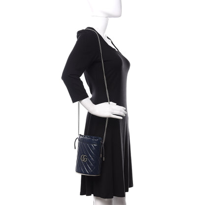 Gucci Vintage Effect Calfskin Matelasse Diagonal Mini Torchon GG Marmont 2.0 Bucket Bag Blue Agata Mystic White 2 of 11