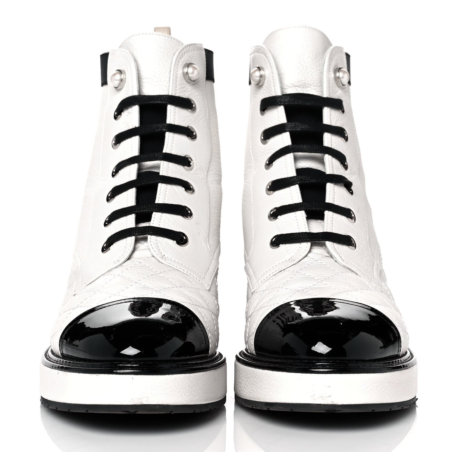 Chanel Pearly Calfskin Patent Calfskin Quilted Lace Up Boots 40 White Light Gray Black 2 of 8