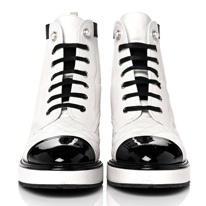 Chanel Pearly Calfskin Patent Calfskin Quilted Lace Up Boots 40 White Light Gray Black 2 of 8
