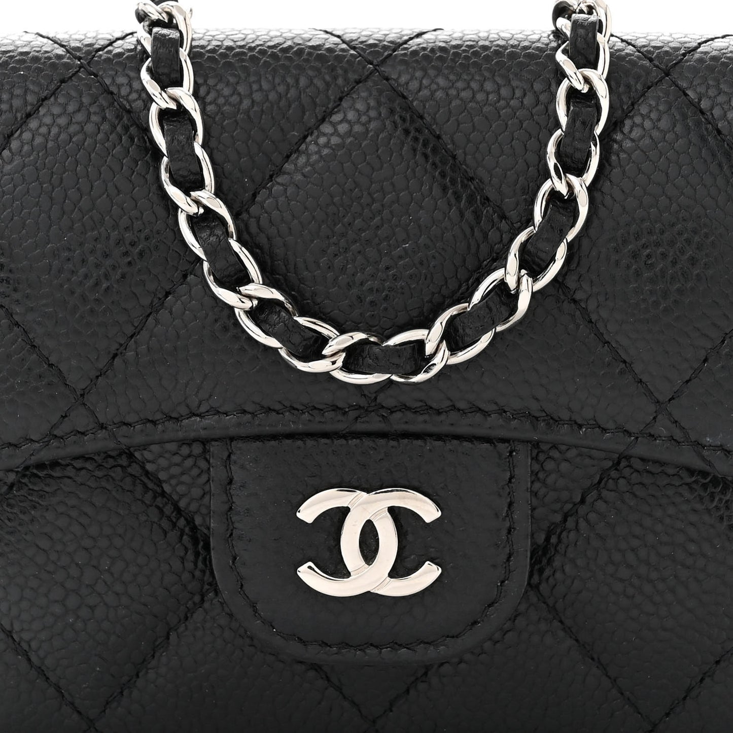 Caviar Quilted Flap Card Holder On Chain Black