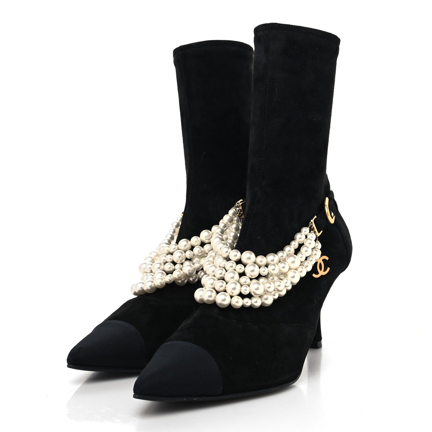 Stretch Suede Calfskin Grosgrain Pearl Multi Strand Cap Toe Ankle Boots 37 Black