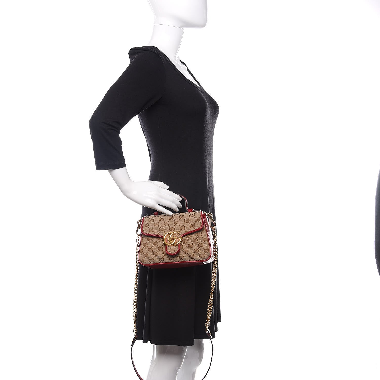 Gucci Monogram Glazed Calfskin Matelasse Diagonal Mini GG Marmont Top Handle Shoulder Bag Beige Ebony New Cherry Red 5 of 13