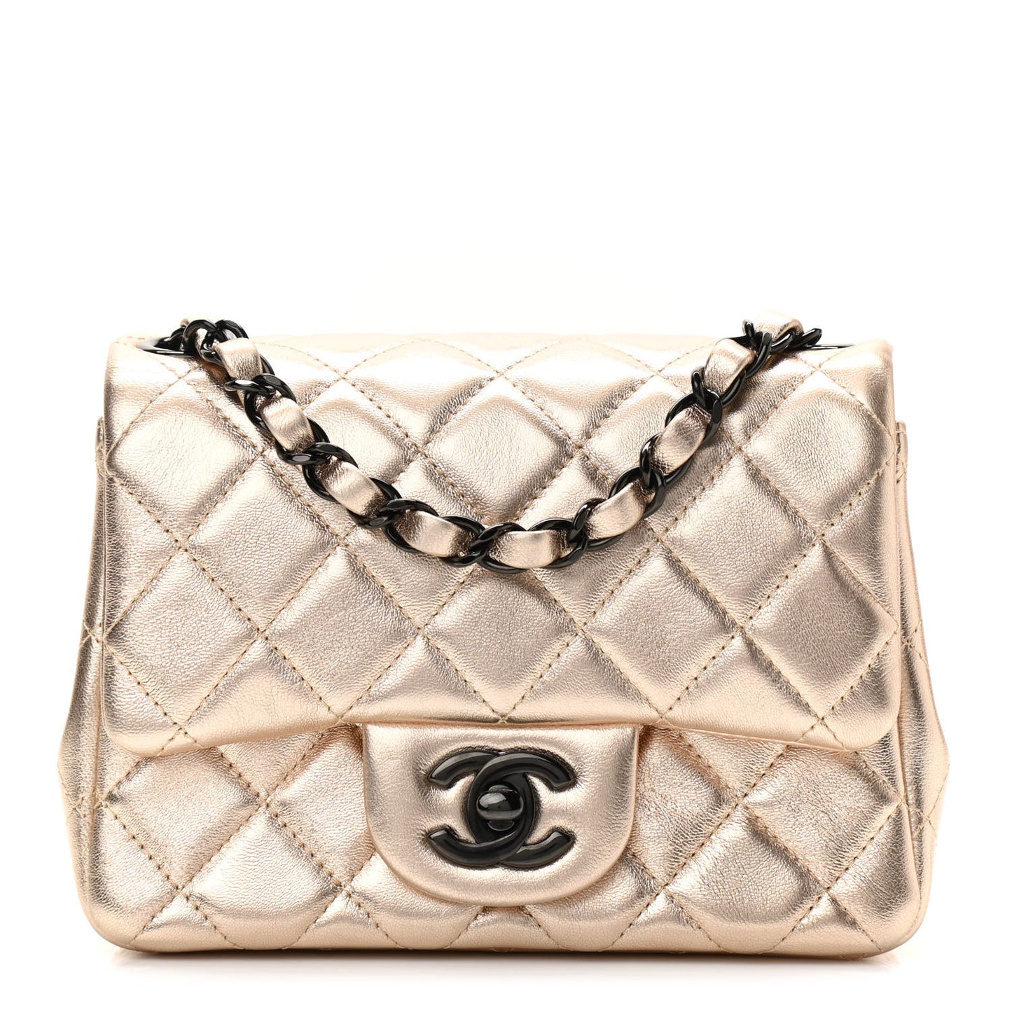 Metallic Lambskin Quilted Mini Square Flap Gold Black