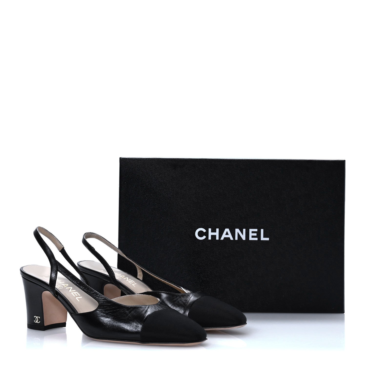Chanel Lambskin Grosgrain Cap Toe CC Slingback Pumps 38 Black 9 of 10
