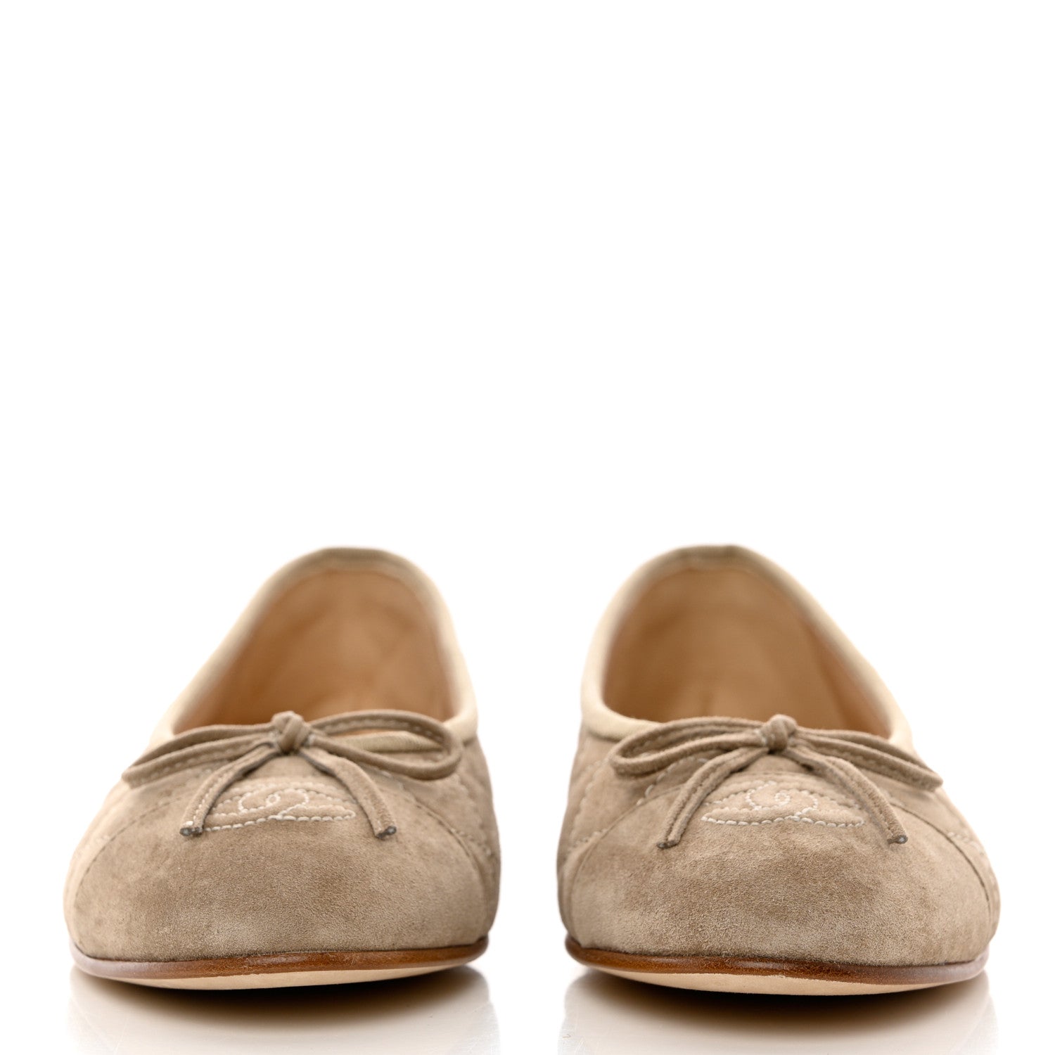 Chanel Suede Calfskin Quilted Cap Toe CC Ballerina Flats 37.5 Dark Beige 2 of 9