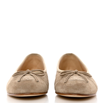Chanel Suede Calfskin Quilted Cap Toe CC Ballerina Flats 37.5 Dark Beige 2 of 9