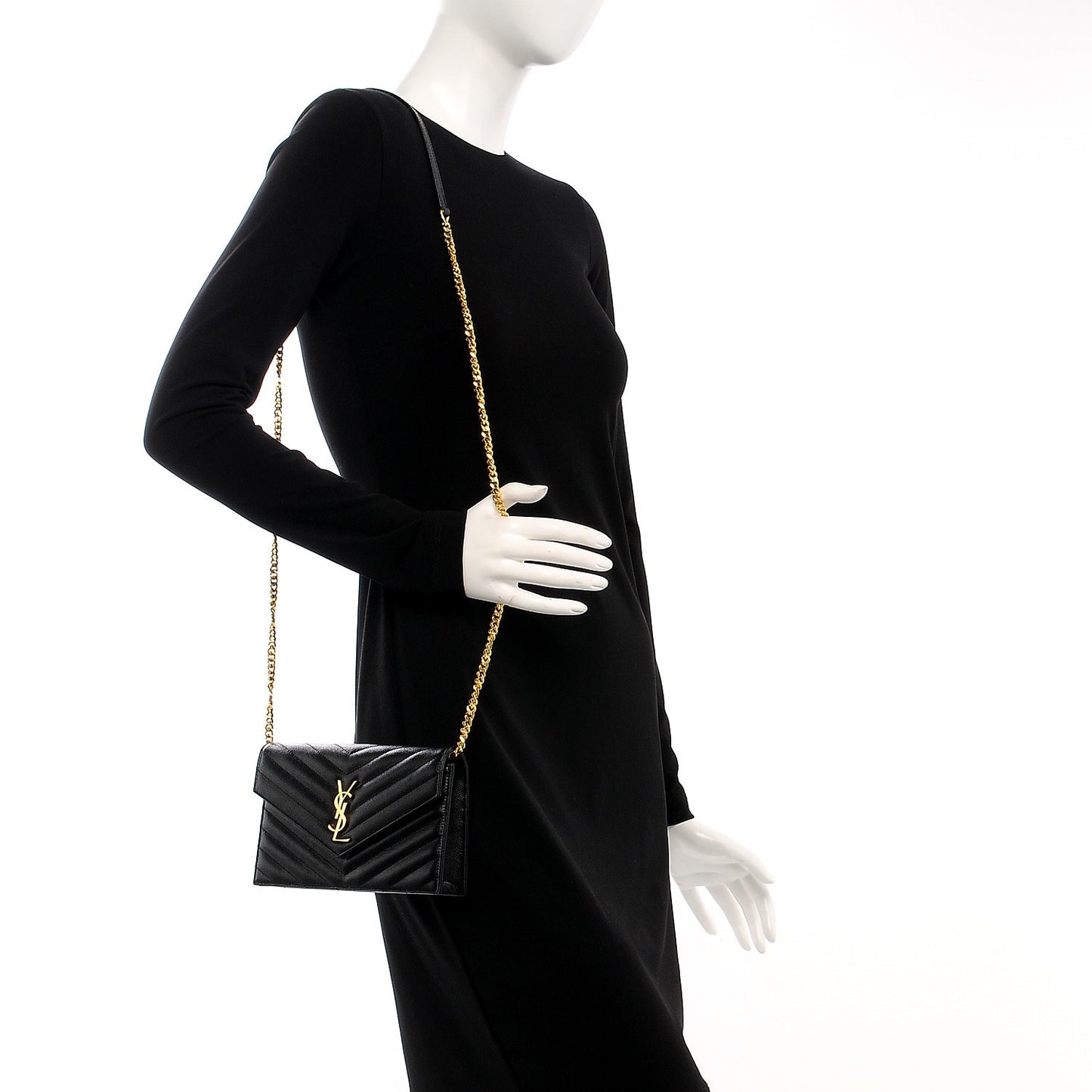 Grain De Poudre Matelasse Chevron Monogram Envelope Chain Wallet Black