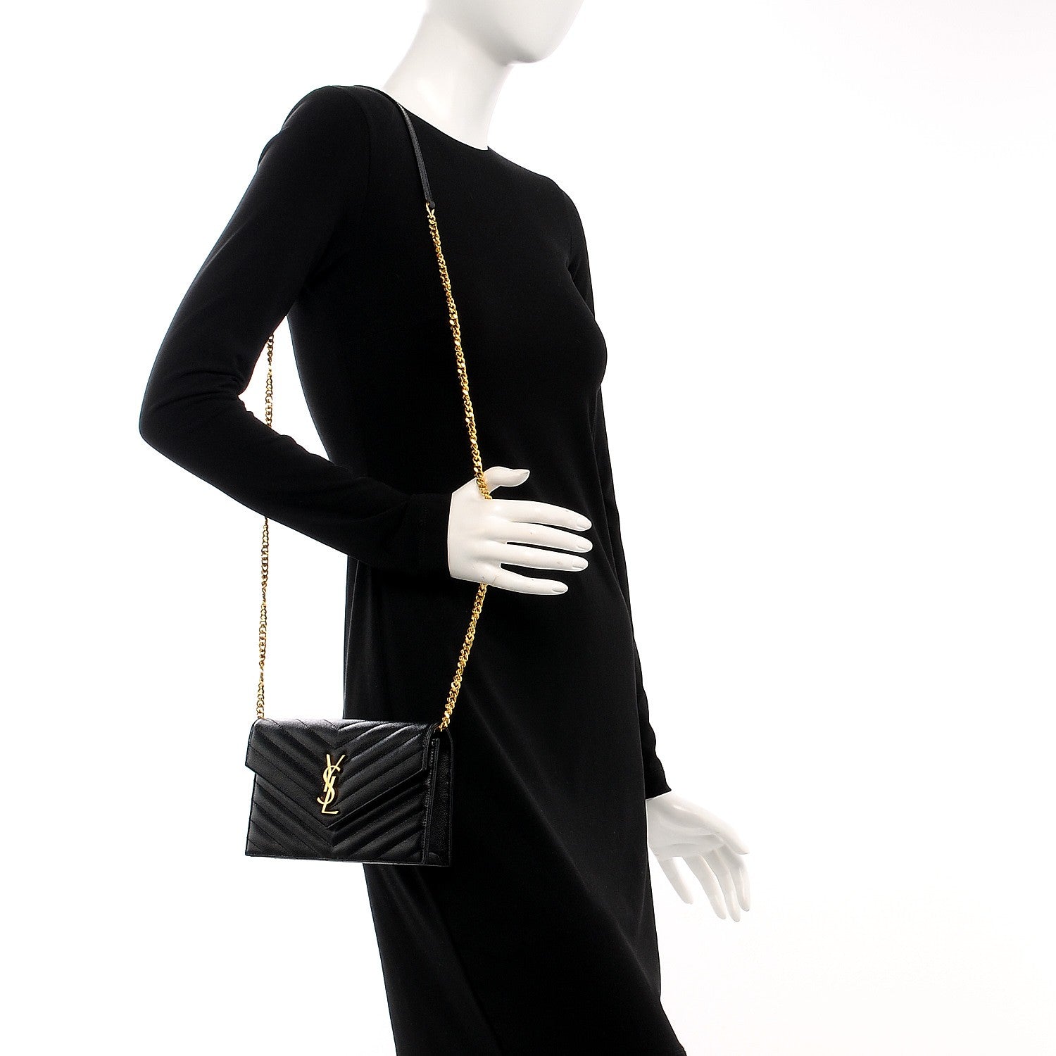 Saint Laurent Grain De Poudre Matelasse Chevron Monogram Envelope Chain Wallet Black 2 of 17