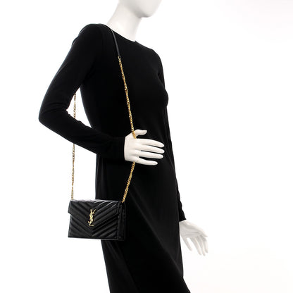 Saint Laurent Grain De Poudre Matelasse Chevron Monogram Envelope Chain Wallet Black 2 of 17