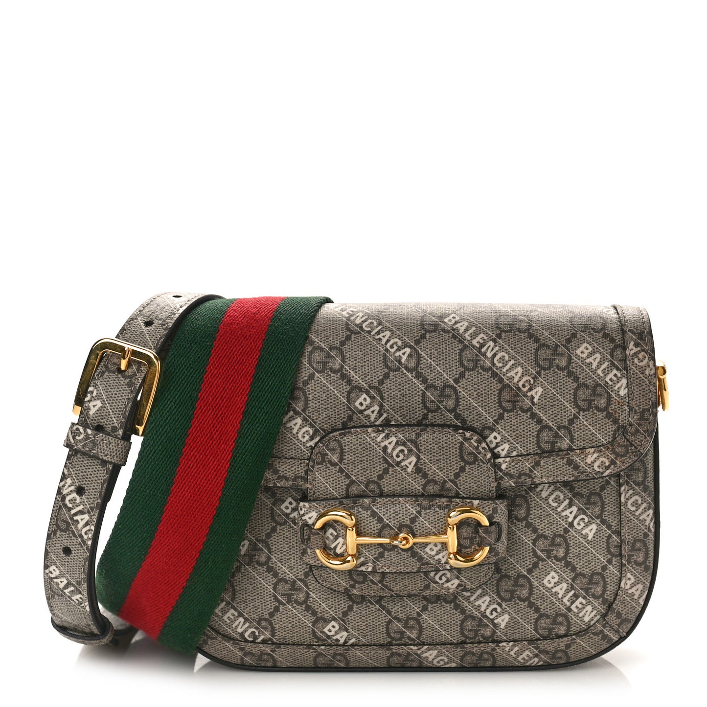 X BALENCIAGA GG Supreme Monogram Web Logo Print Mini Horsebit 1955 Shoulder Bag Beige Ebony