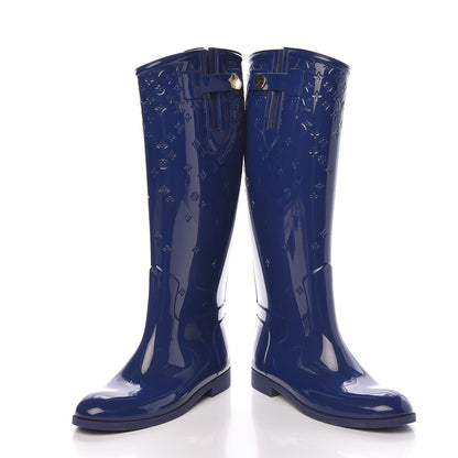 Louis Vuitton Rubber Embossed Monogram Drops High Rain Boots 40 Blue 6 of 8