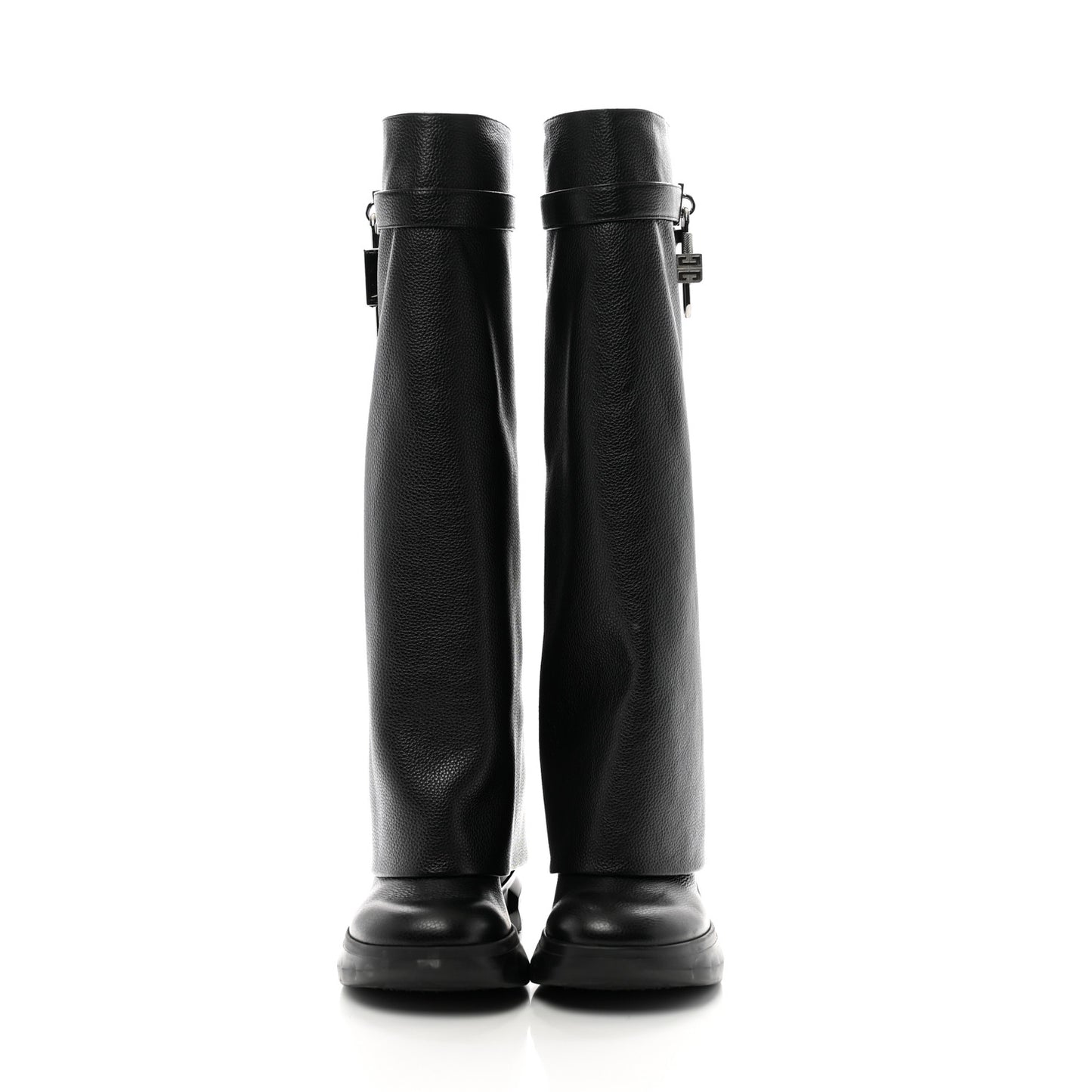 Grained Calfskin Shark Lock Biker Knee Boots 38 Black