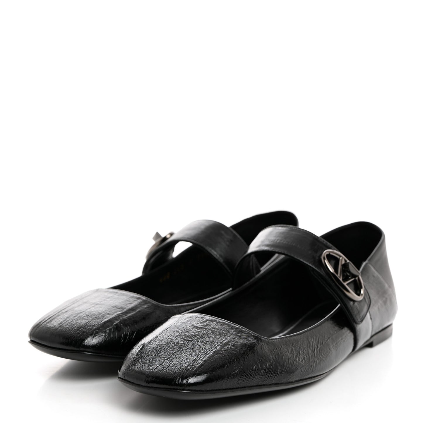Textured Patent Nappa Locker Mary Jane Collapsible Heel Ballerina Flats 39.5 Black