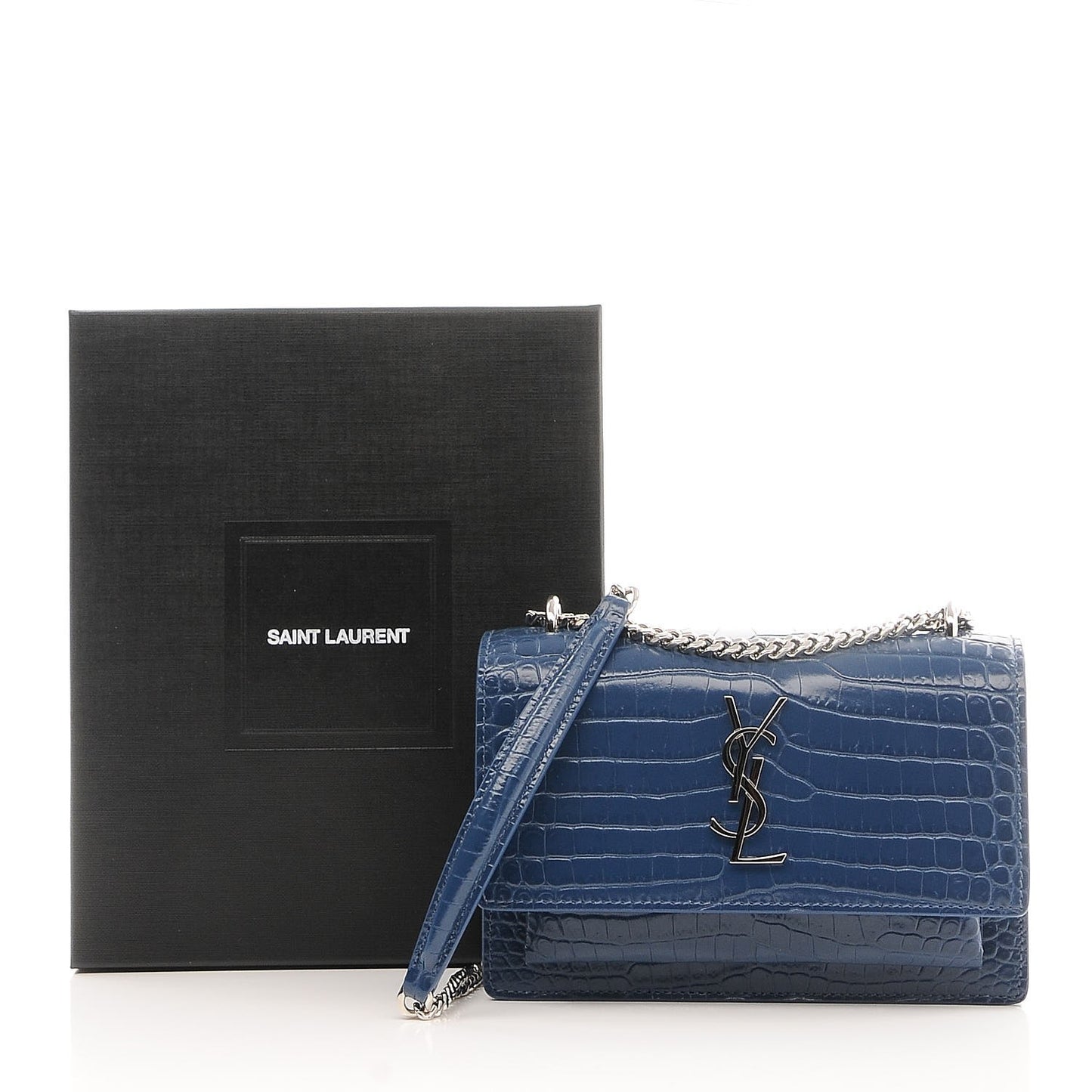 Calfskin Crocodile Embossed Monogram Sunset Chain Wallet Denim