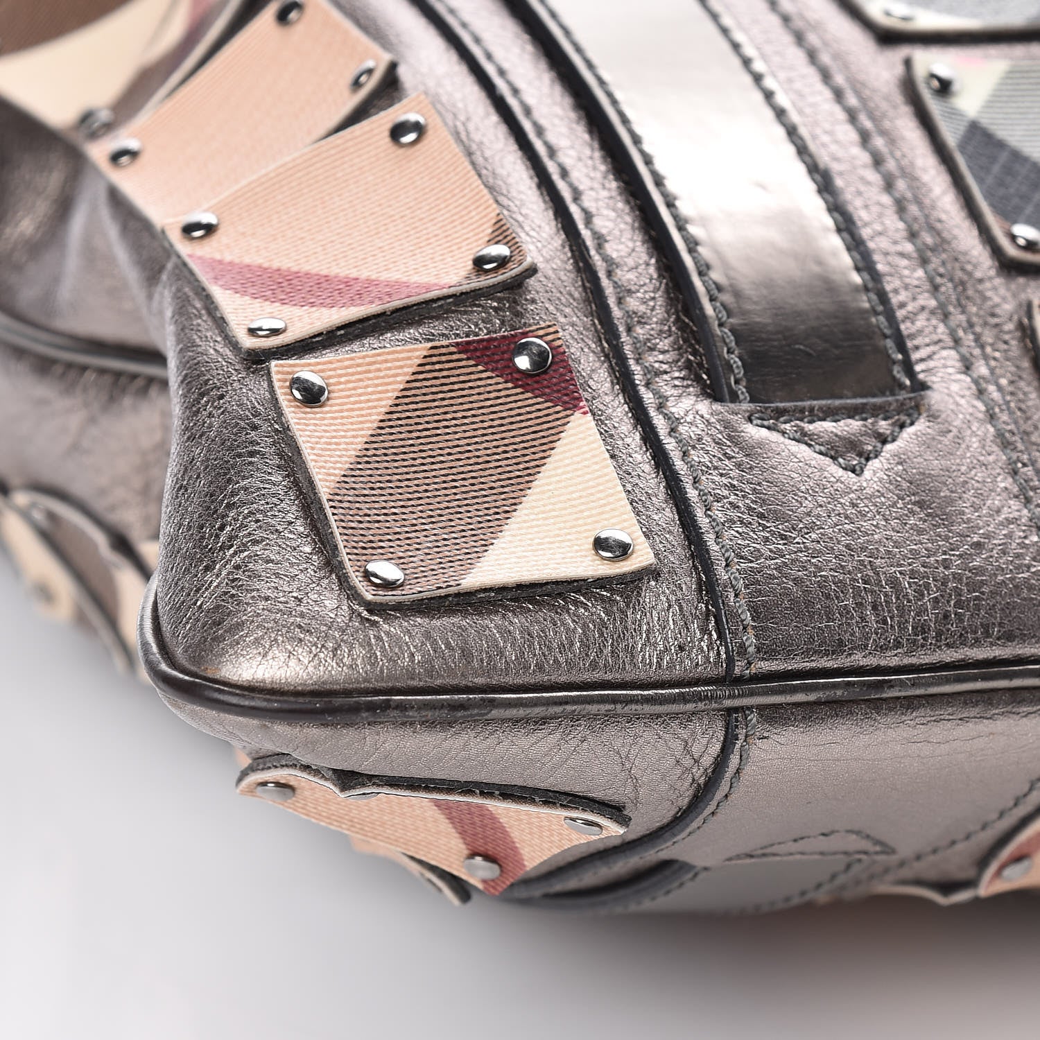 Burberry Metallic Calfskin Nova Check Patchwork Shopper Tote Pewter 14 of 15