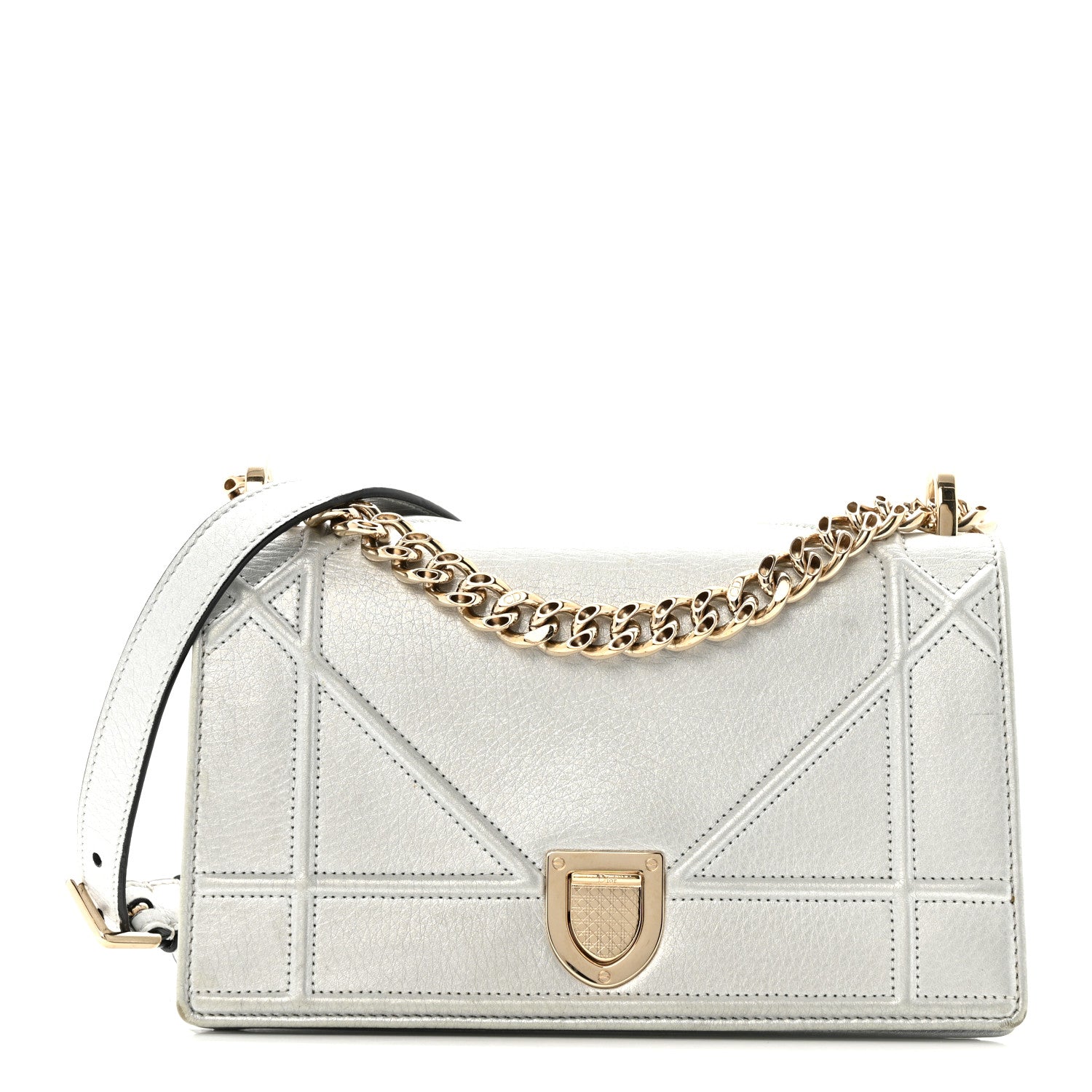 Christian Dior Metallic Grained Calfskin Diorama Wallet on Chain Pouch Silver 1 of 13