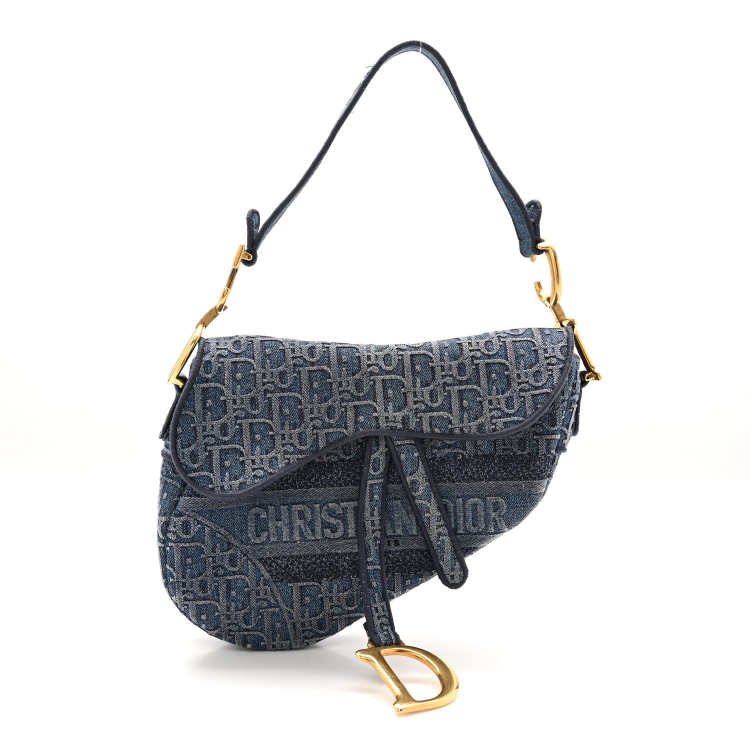Christian Dior Oblique Embroidered Saddle Bag Denim Blue 1 of 15