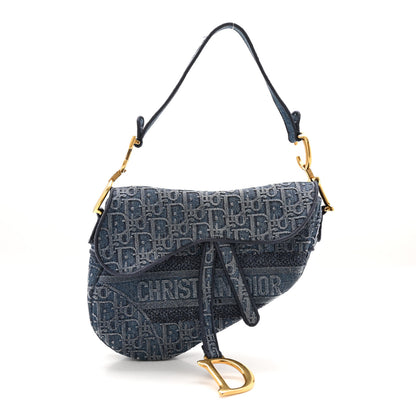 Christian Dior Oblique Embroidered Saddle Bag Denim Blue 1 of 15