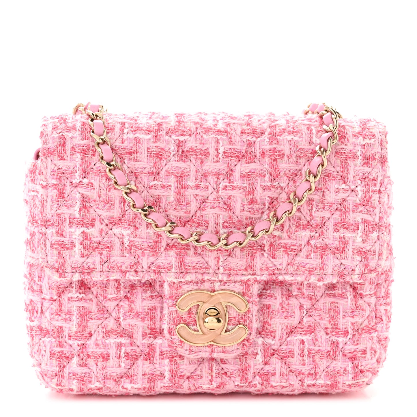 Tweed Resin Quilted Mini Heart Square Flap Pink White