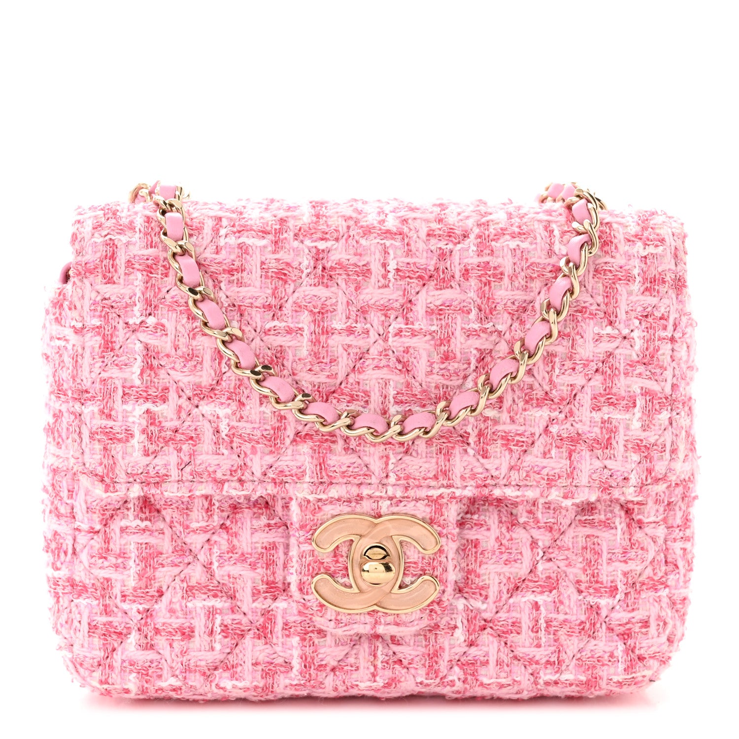 Chanel Tweed Resin Quilted Mini Heart Square Flap Pink White 1 of 11