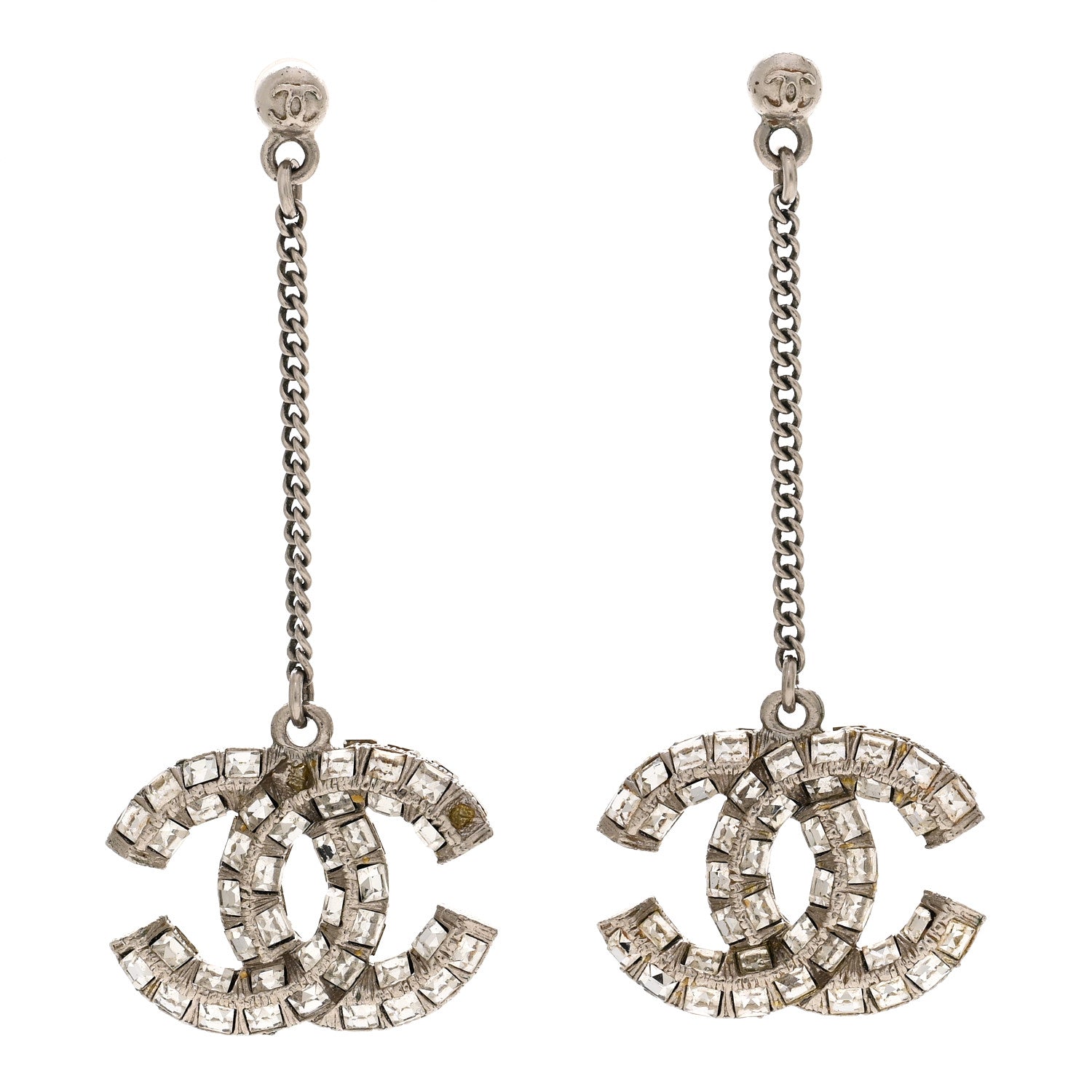 Chanel Baguette Crystal CC Drop Earrings Silver 1 of 4