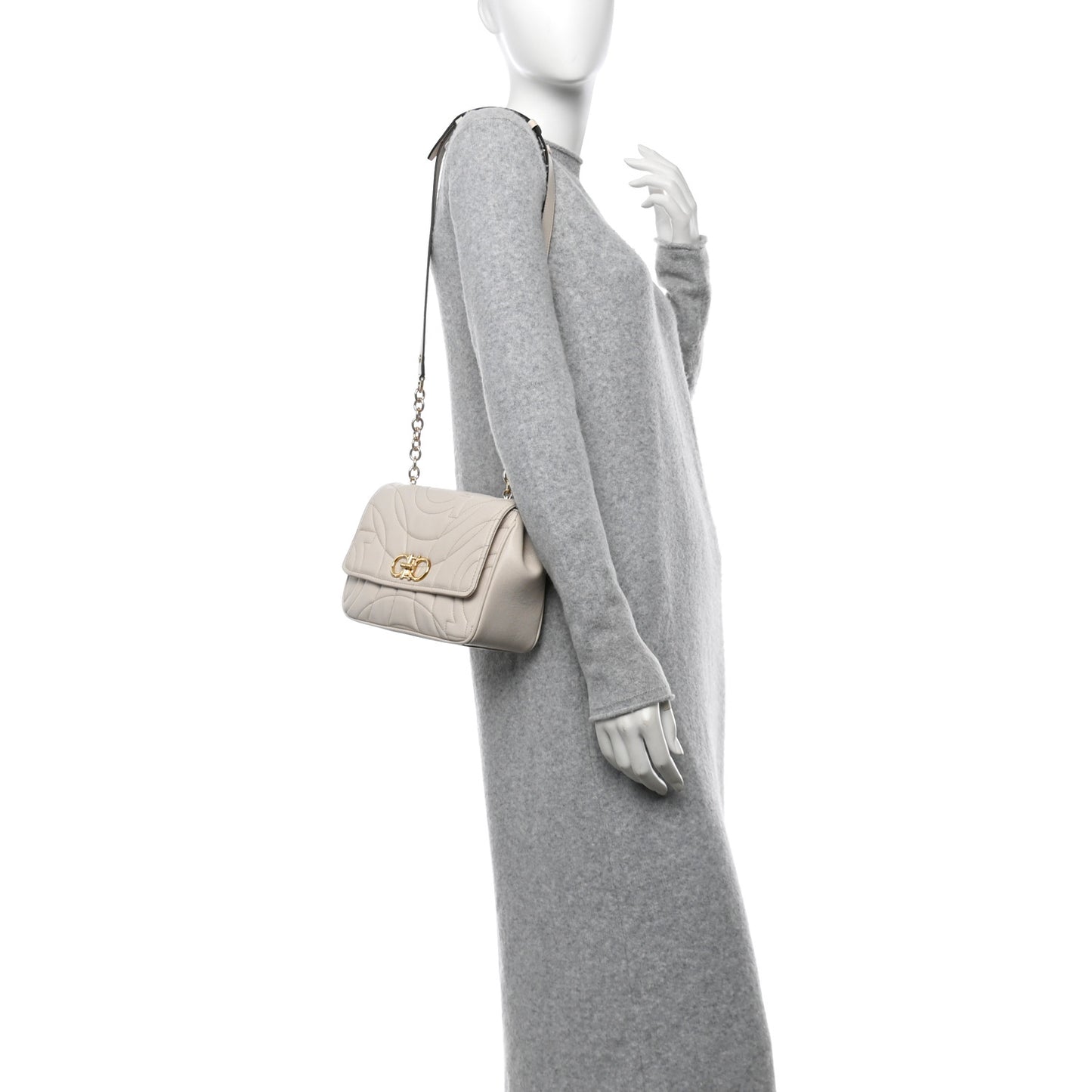 Calfskin Quilted Gancini Flap Bag Bone