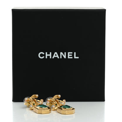 Chanel Crystal Pearl Glitter CC Drop Earrings Gold Green 5 of 5