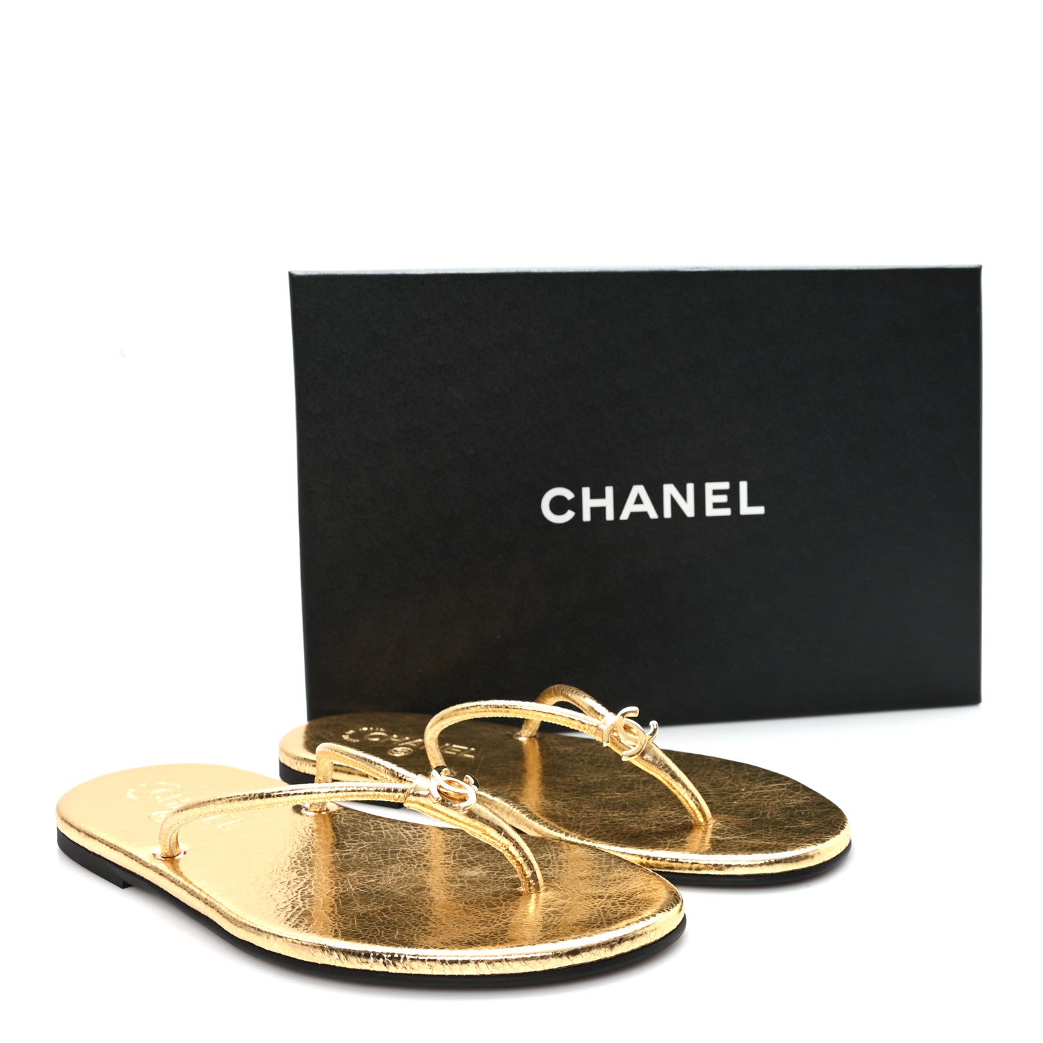Chanel Crackled Laminated Calfskin Thong Flat Sandals 39.5 Gold