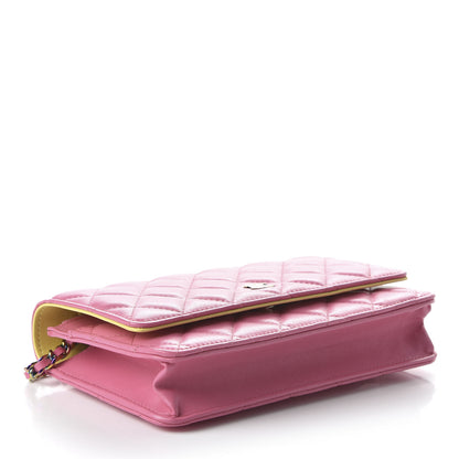 Chanel Lambskin Quilted Wallet On Chain WOC Pink Yellow 4 of 11