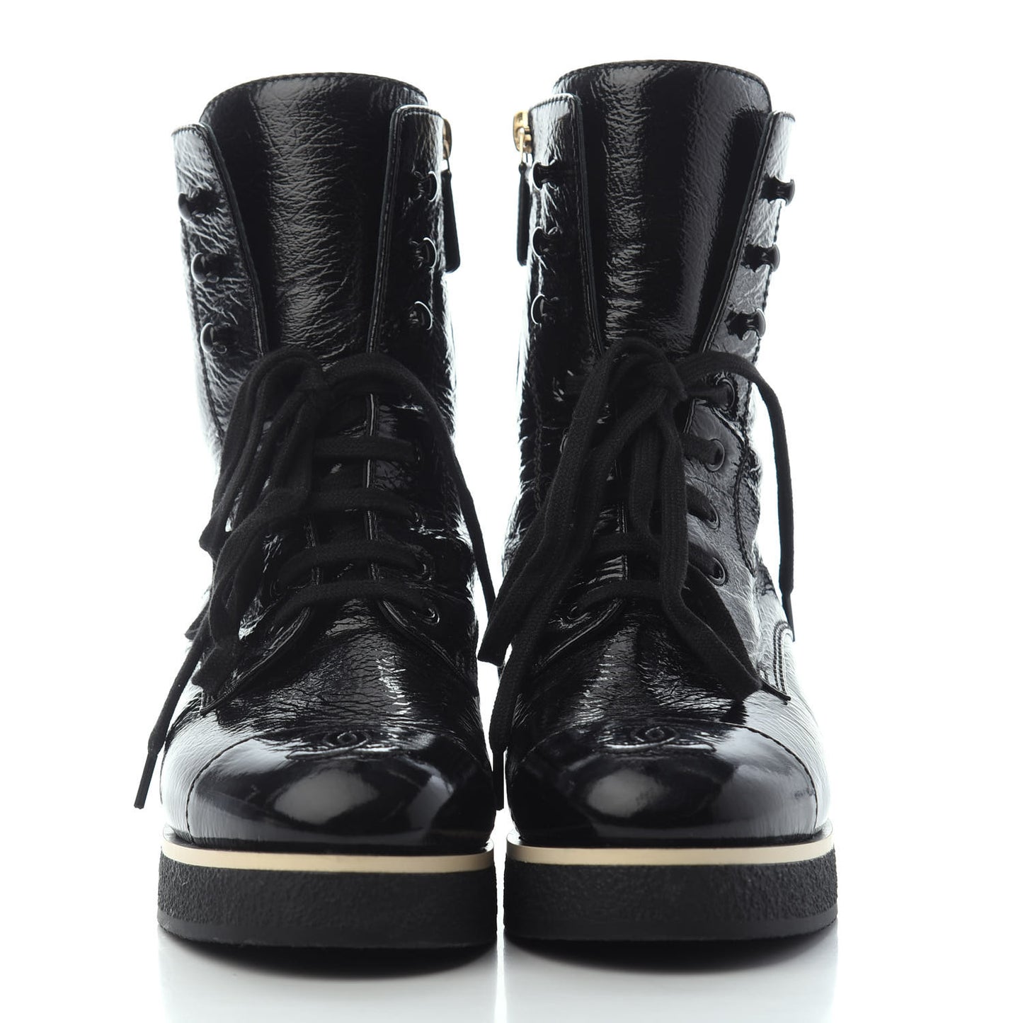Shiny Crumpled Lambskin Lace Up Combat Boots 38 Black